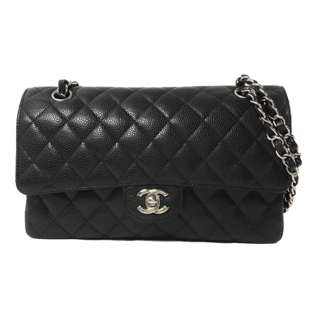 CHANEL A01112 Classic 25 Shoulder Bag Black Calfskin CC Chain: CHANEL A01112 Classic 25 Shoulder Bag Black Calfskin CC Chain Classic Chanel CC chain shoulder bag in black calfskin leather with silver-tone hardware. This women's shoulder bag features a turn-lock c