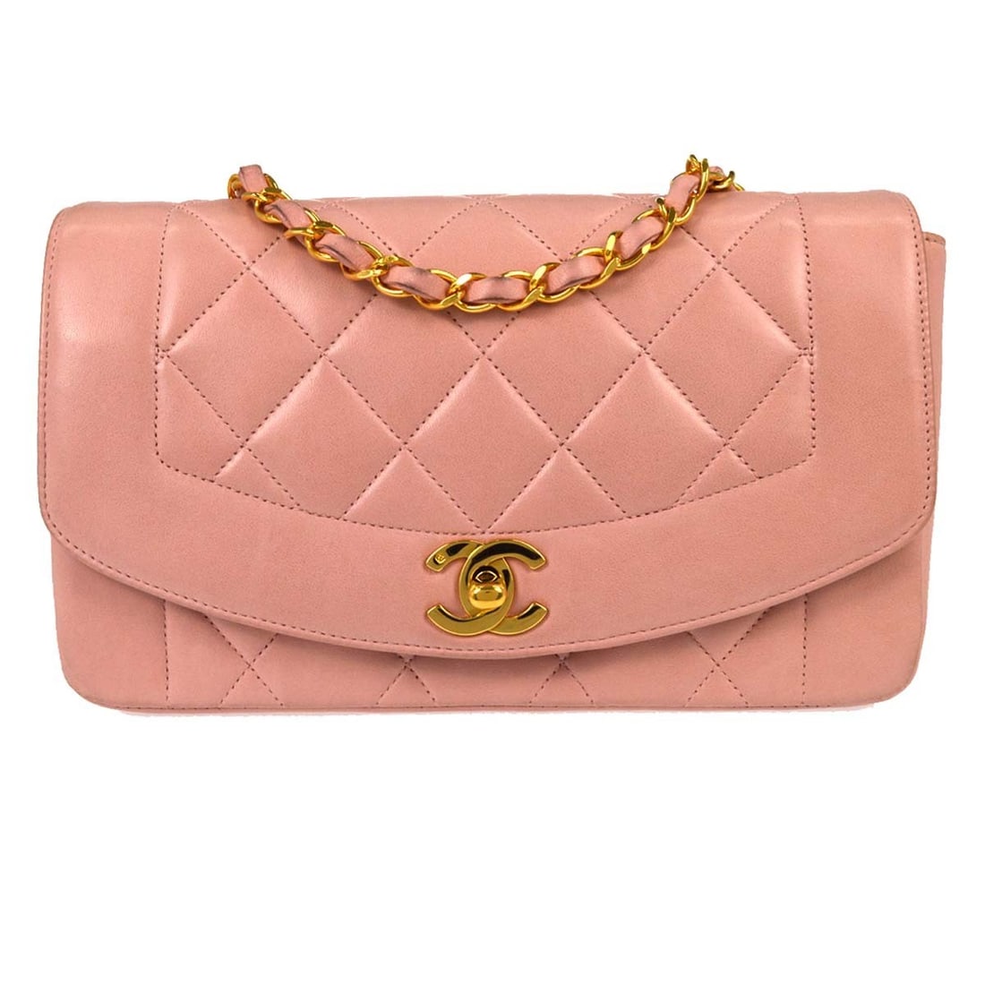 CHANEL Diana Small Pink Lambskin Shoulder Bag: CHANEL Diana Small Pink Lambskin Shoulder Bag A Chanel Small Diana shoulder bag in pink lambskin with a canvas lining. This women's shoulder bag features interior storage with one zipper pocket and on