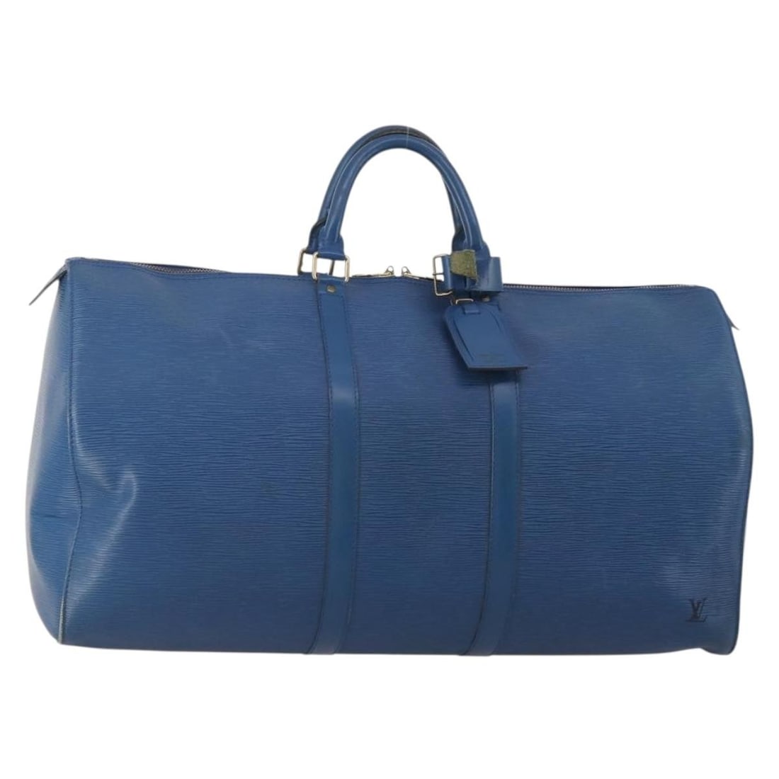 Louis Vuitton M42955 Keepall 55 Epi Leather Boston Bag Toledo Blue: Louis Vuitton M42955 Keepall 55 Epi Leather Boston Bag Toledo Blue Louis Vuitton Epi Keepall 55 Boston bag in Toledo Blue Epi leather. This women's bag includes a name tag and powanie. It shows heavy 