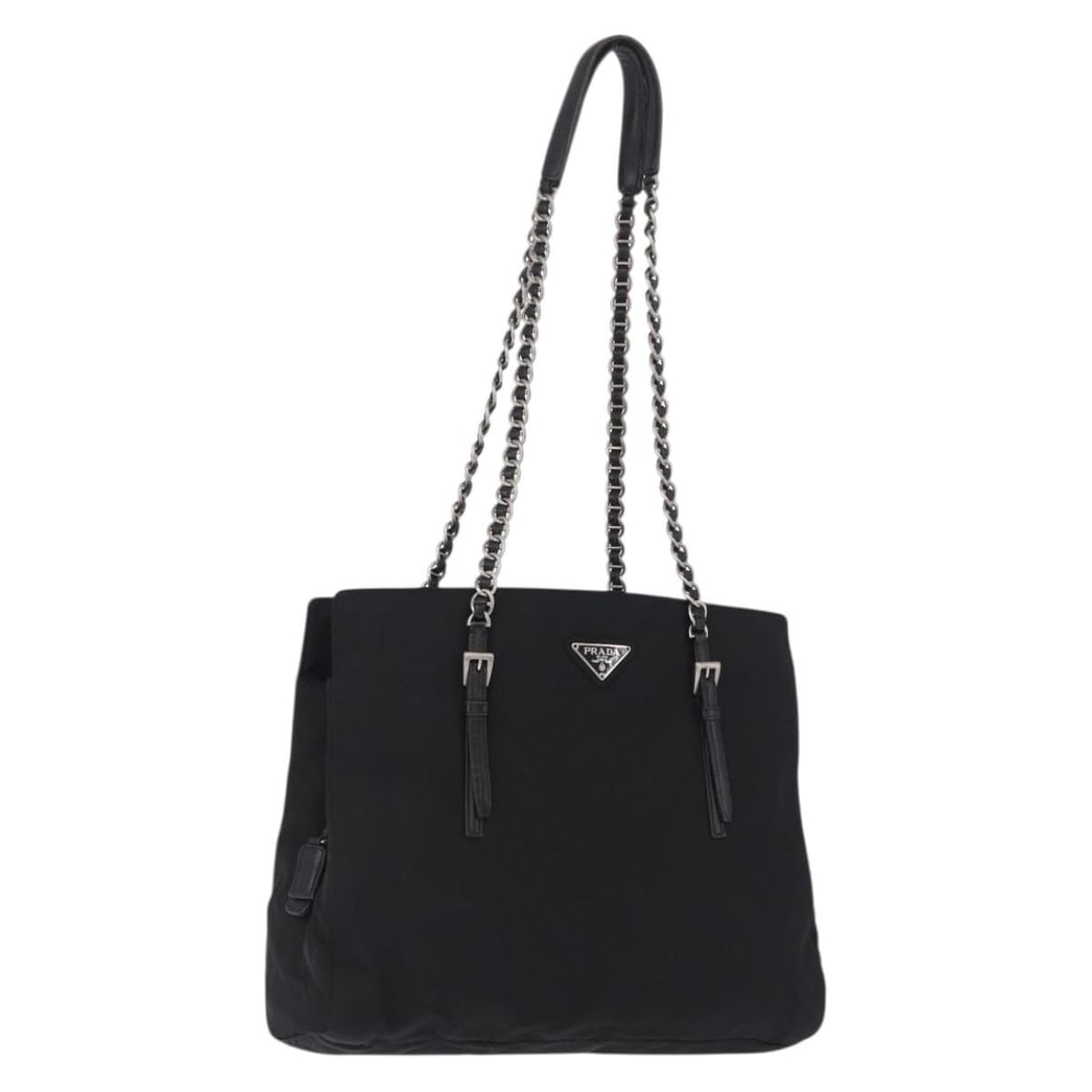 PRADA nylon shoulder bag in black with silver chain strap: PRADA nylon shoulder bag in black with silver chain strap Authentic Prada chain shoulder bag in black nylon with silver-tone accents, made in Italy. This women's shoulder bag includes only the bag sho