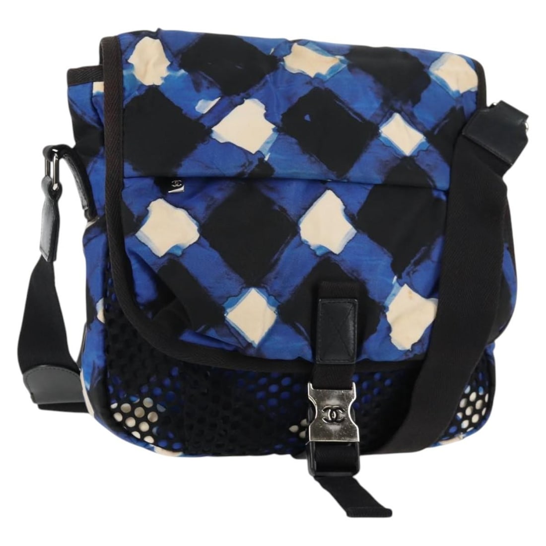 CHANEL CC Nylon Shoulder Bag Blue Black Silver: CHANEL CC Nylon Shoulder Bag Blue Black Silver Chanel shoulder bag in blue, black, and silver nylon, made in Italy. This women's bag features an adjustable shoulder strap and a pre-owned condition wit