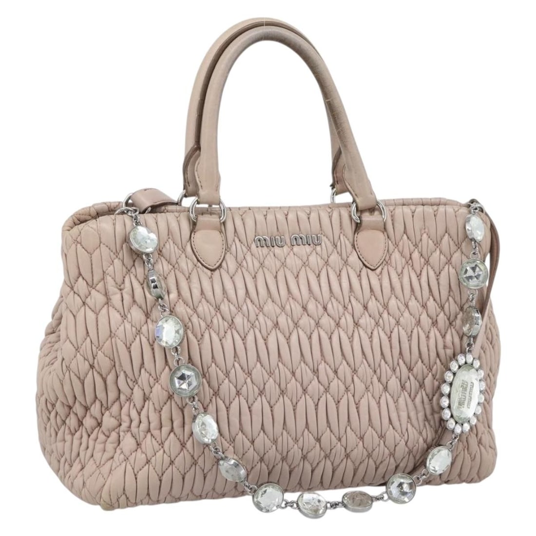 Miu Miu leather 2way shoulder bag with chain strap pink silver: Miu Miu leather 2way shoulder bag with chain strap pink silver Miu Miu matelasse leather 2-way shoulder bag in pink with silver-tone accents. This women's bag includes a shoulder strap and can be carr