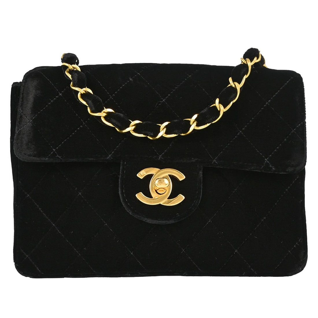 CHANEL Classic Flap Mini Square Velvet Shoulder Bag Black: CHANEL Classic Flap Mini Square Velvet Shoulder Bag Black Chanel Mini Classic Square Flap shoulder bag in black velvet with matelasse quilting and a flap turnlock closure. This small women's bag featu