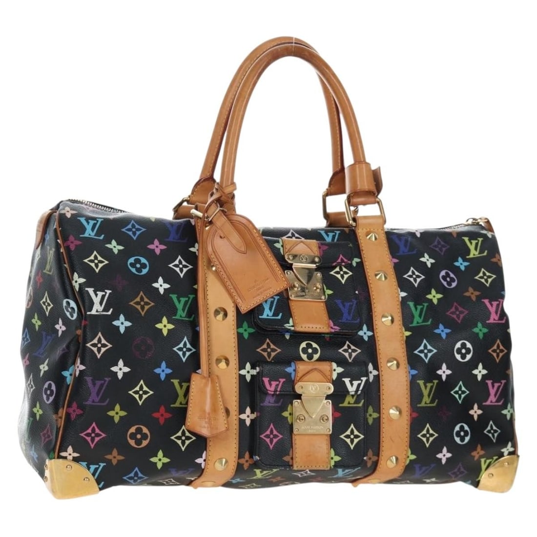 Louis Vuitton M92640 Keepall 45 Boston Bag Monogram Multicolor Black: Louis Vuitton M92640 Keepall 45 Boston Bag Monogram Multicolor Black Louis Vuitton Keepall 45 in black Monogram Multicolor canvas, styled as a Boston bag and made in France. This women's bag includes 