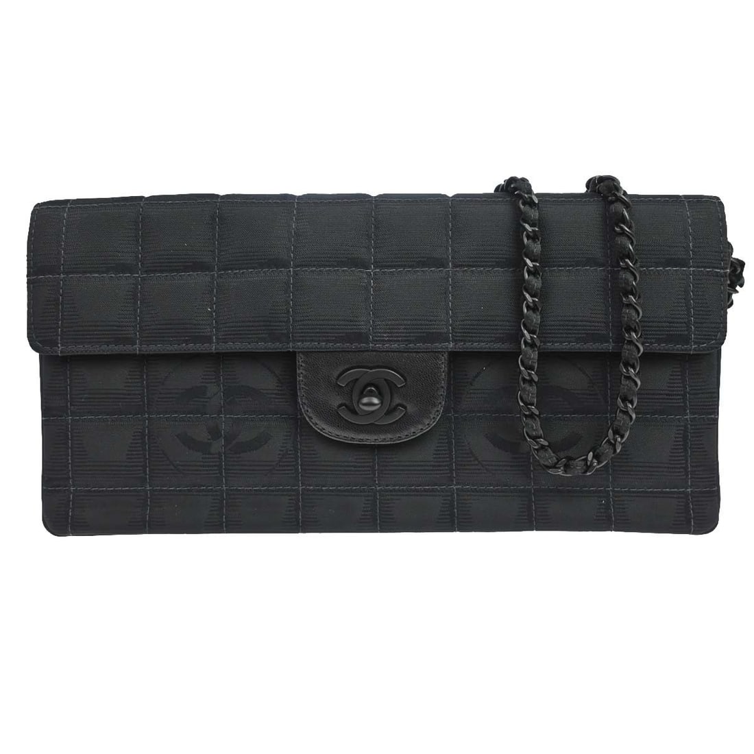 CHANEL East West Shoulder Bag Black Jacquard Nylon Turn Lock: CHANEL East West Shoulder Bag Black Jacquard Nylon Turn Lock Chanel East West shoulder bag in black jacquard nylon with a turn lock closure and leather lining. This medium women's shoulder bag is made