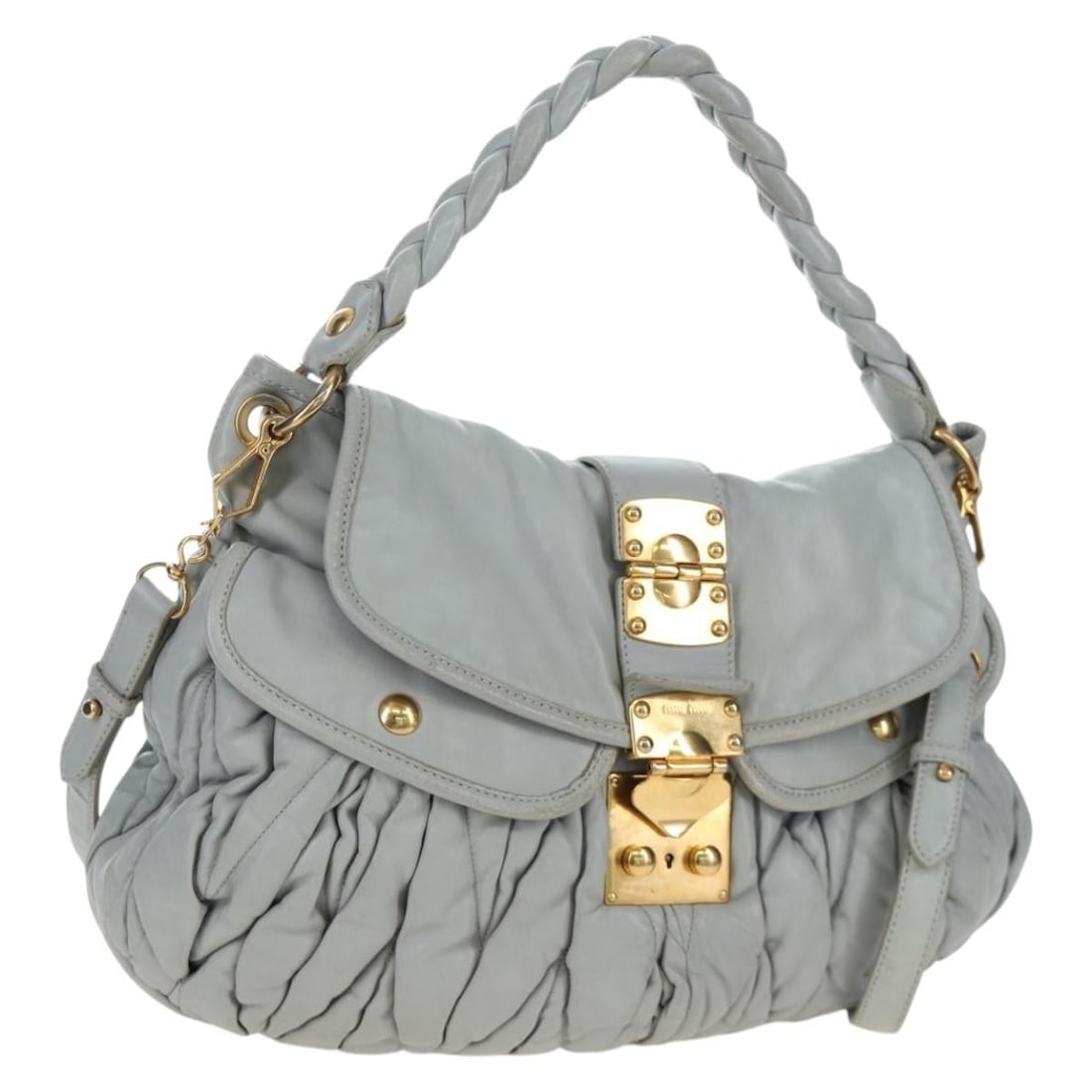 Miu Miu Gray Leather 2 Way Handbag with Shoulder Strap: Miu Miu Gray Leather 2 Way Handbag with Shoulder Strap Miu Miu 2-way handbag in gray leather with gold-tone accents. Designed for women, this bag includes a shoulder strap for hand or shoulder carry. 