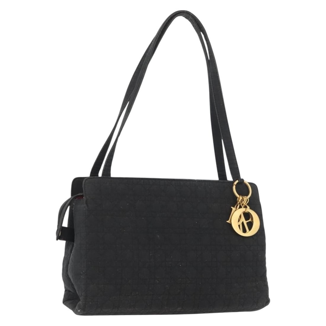 Christian Dior Lady Dior Black Nylon Shoulder Bag with Charm: Christian Dior Lady Dior Black Nylon Shoulder Bag with Charm Christian Dior Lady Dior shoulder bag in black nylon with gold-tone accents and a charm. Made in Italy, this women's bag shows heavy use wi