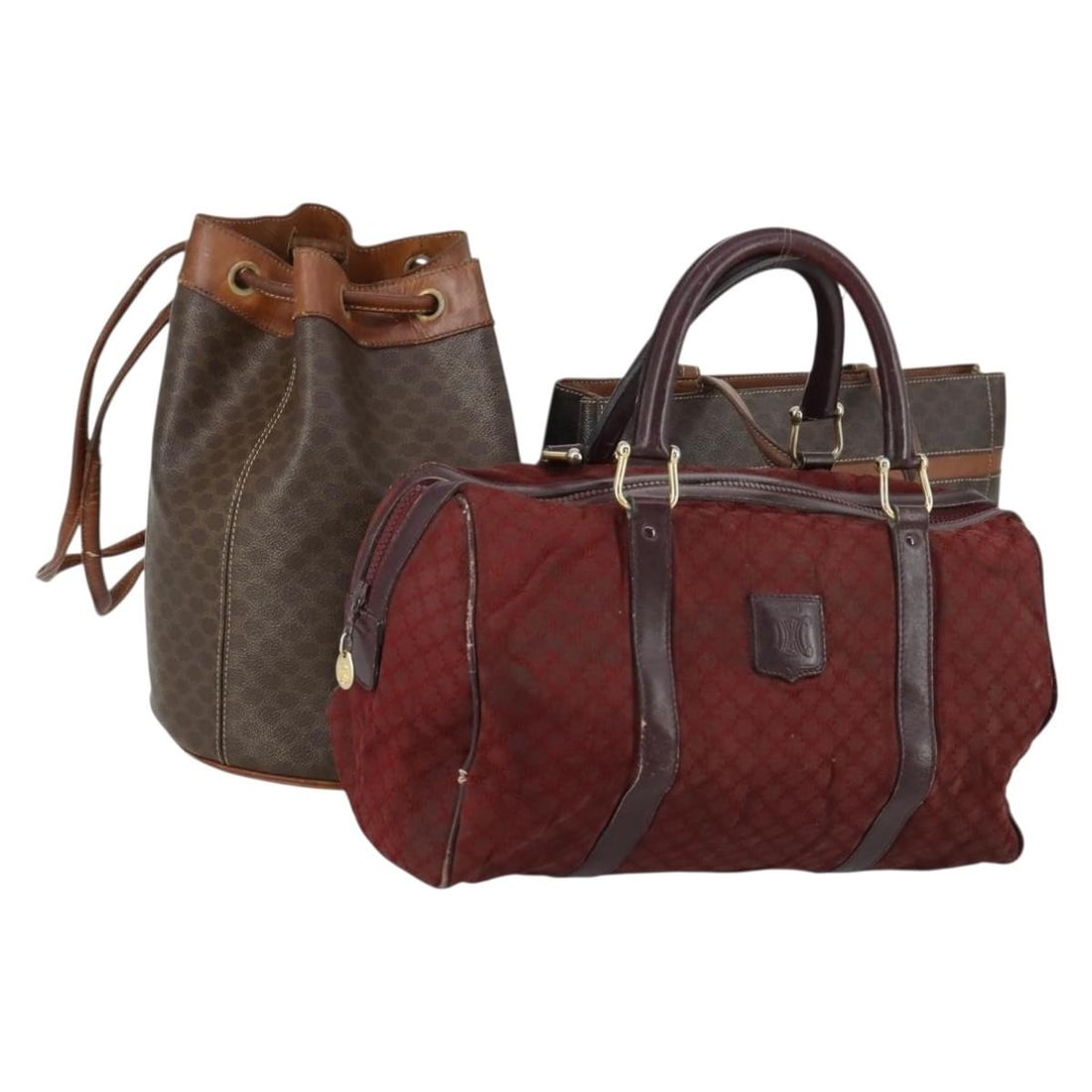 CELINE Macadam Shoulder Bag Trio in Red Brown PVC Leather: CELINE Macadam Shoulder Bag Trio in Red Brown PVC Leather Authentic CELINE shoulder bag set in red and brown Macadam canvas with PVC leather trim. Made in Italy, this women's bag has a heavily used co