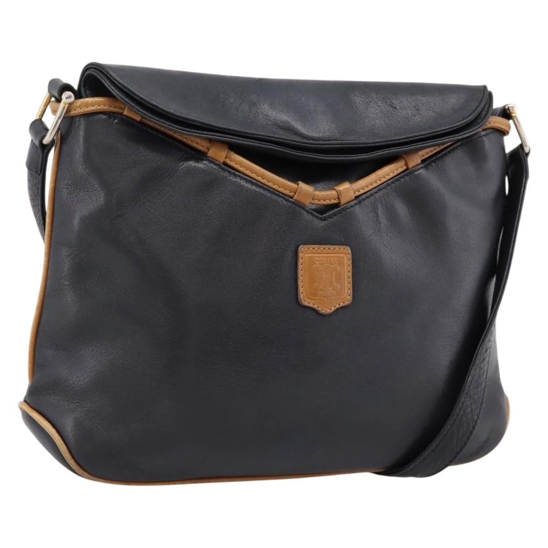 CELINE black leather shoulder bag with gold tone hardware: CELINE black leather shoulder bag with gold tone hardware Authentic CELINE shoulder bag in black leather with gold tone accents. Made in Italy, this women's bag features a slim profile and an adjustab