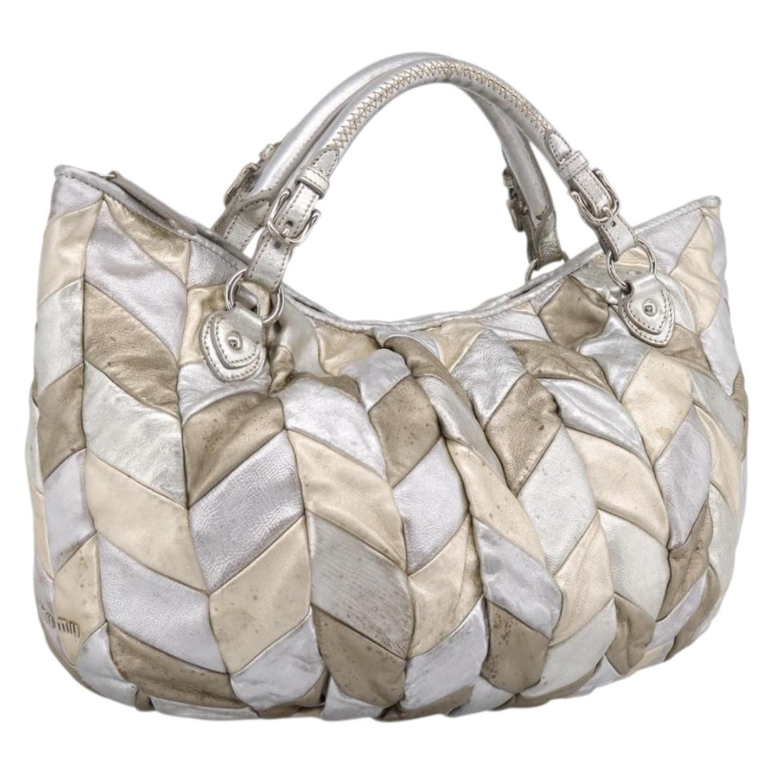 Miu Miu Leather Tote Handbag in Silver Gold Made in Italy: Miu Miu Leather Tote Handbag in Silver Gold Made in Italy Miu Miu women's tote bag in silver and gold leather, made in Italy. This pre-owned bag has a structured tote silhouette with dual handles and 