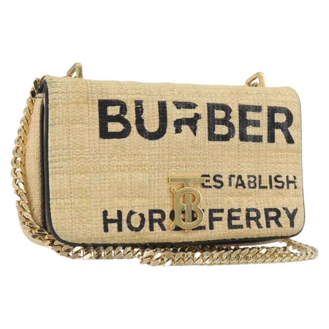 BURBERRY Beige Gold Shoulder Bag with Chain Strap: BURBERRY Beige Gold Shoulder Bag with Chain Strap Burberry chain shoulder bag in beige and gold, made in Italy. This women's bag features a shoulder-carry design and includes only the bag shown. Condi