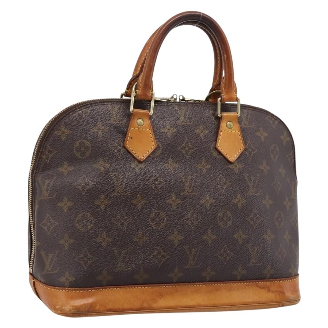 Louis Vuitton M51130 Alma handbag in Monogram canvas: Louis Vuitton M51130 Alma handbag in Monogram canvas Louis Vuitton Alma handbag in Monogram canvas, made in France. This women's handbag is a heavily used piece with visible wear throughout, including