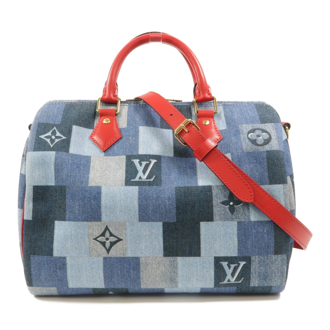 Louis Vuitton Speedy Bandouliere 30 Monogram Denim 2 Way Bag M45041: Louis Vuitton Speedy Bandouliere 30 Monogram Denim 2 Way Bag M45041 Louis Vuitton Speedy Bandouliere 30 2-way bag in blue and red Monogram denim. This women's handbag features dual top handles and a r