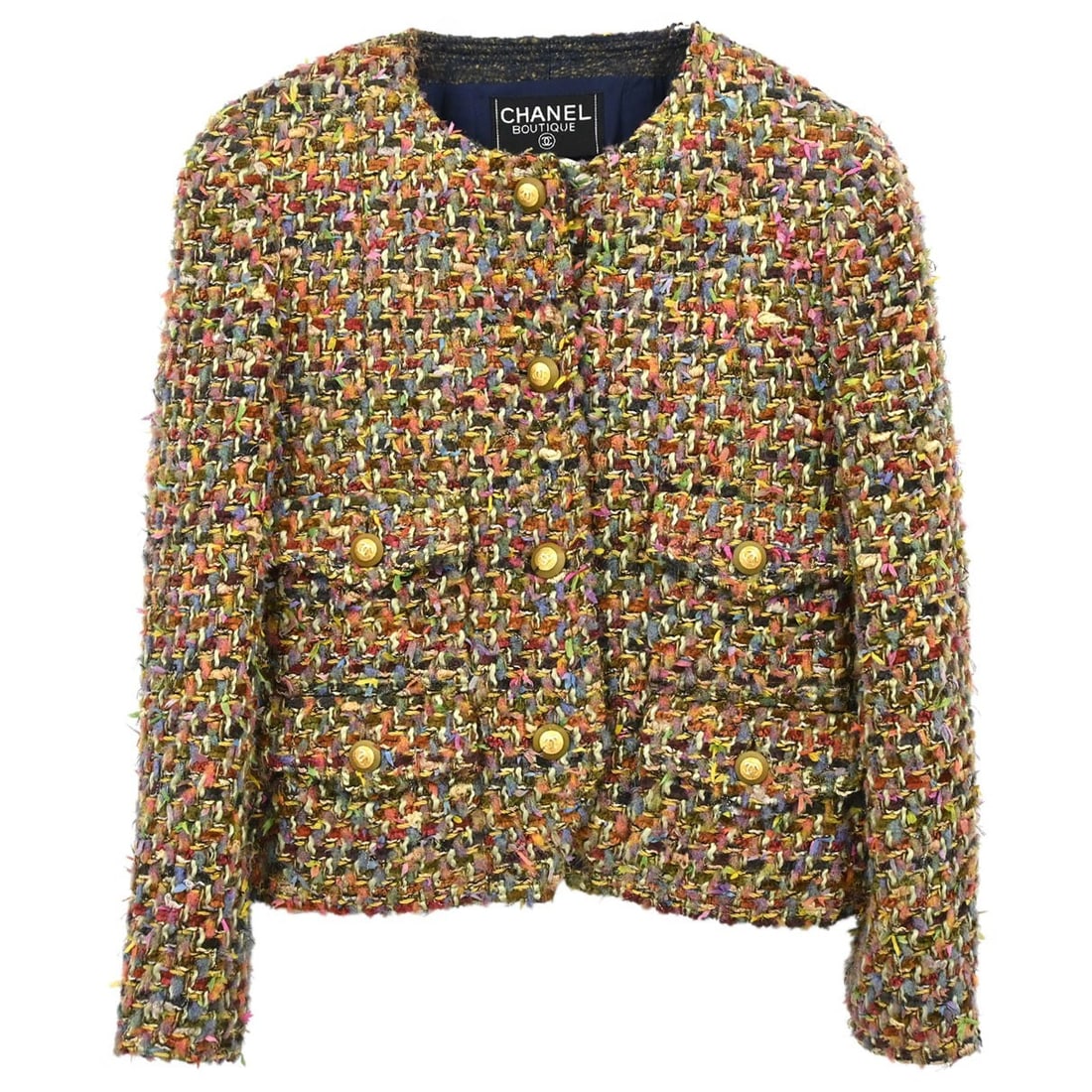 CHANEL 93A khaki mohair collarless single breasted jacket size 38: CHANEL 93A khaki mohair collarless single breasted jacket size 38 Vintage Chanel single-breasted collarless tweed jacket in khaki. This women's mid-length jacket is made of 100% mohair and features lo