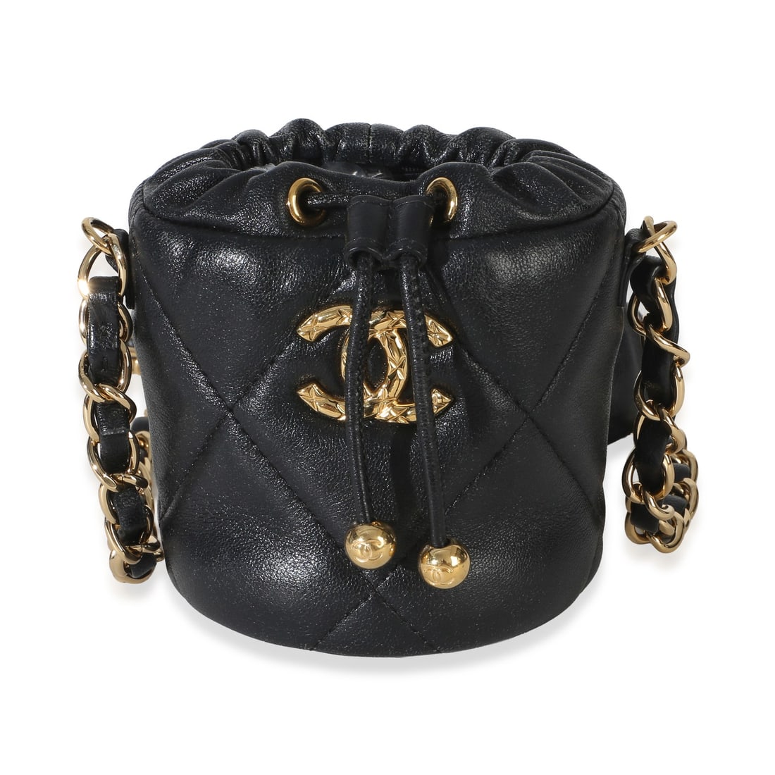 Chanel Micro Bucket Bag Black Quilted Lambskin Leather: Chanel Micro Bucket Bag Black Quilted Lambskin Leather A pre-owned Chanel micro bucket bag crafted in black quilted lambskin leather. This compact unisex design features a drawstring closure, black fa