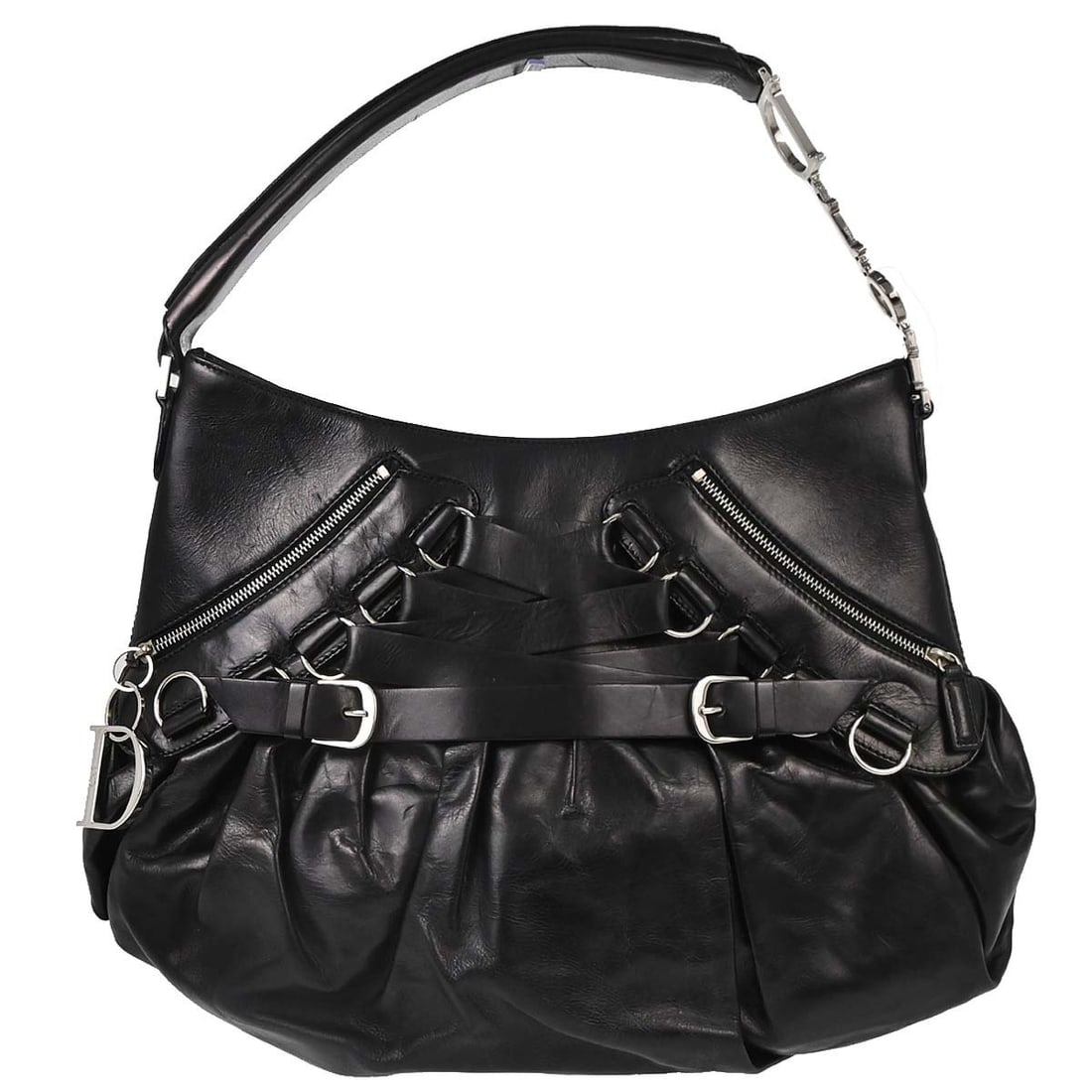 Dior Corset top handle handbag in black leather: Dior Corset top handle handbag in black leather Christian Dior Corset top handle handbag in black leather. This medium women's bag features a structured silhouette with two exterior zipper pockets and