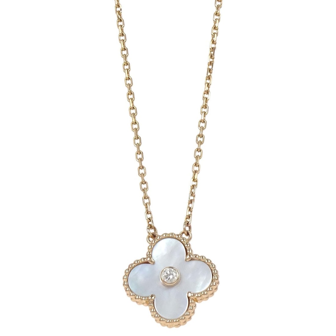 Van Cleef Arpels Vintage Alhambra necklace in Au750 rose gold: Van Cleef Arpels Vintage Alhambra necklace in Au750 rose gold Van Cleef & Arpels Vintage Alhambra necklace in Au750 rose gold with a mother of pearl pendant accented by diamond details. This charm-sty