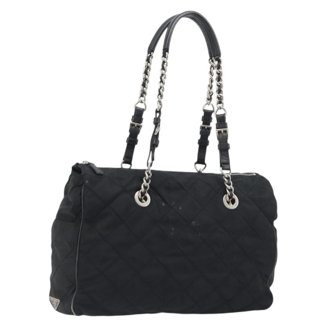 PRADA Black Nylon Shoulder Bag with Silver Chain Strap: PRADA Black Nylon Shoulder Bag with Silver Chain Strap Prada chain shoulder bag in black nylon with silver-tone accents. Made in Italy, this women's shoulder bag has a heavily used condition with visi
