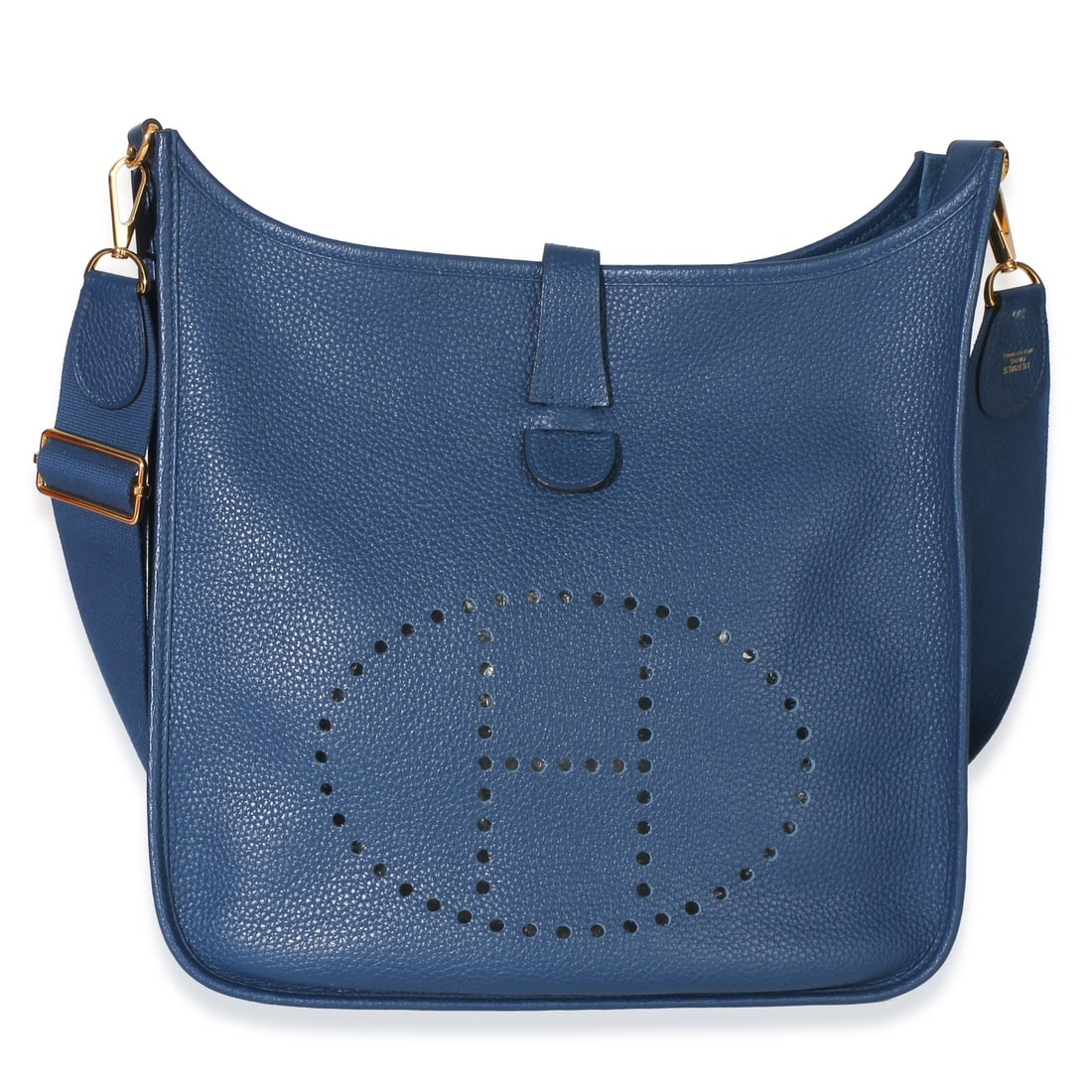 Hermes Evelyne 33 GM blue leather shoulder bag with box dustbag: Hermes Evelyne 33 GM blue leather shoulder bag with box dustbag Pre-owned Hermes Evelyne 33 GM shoulder bag in blue leather with a blue suede lining. This unisex bag features a snap closure, gold-tone