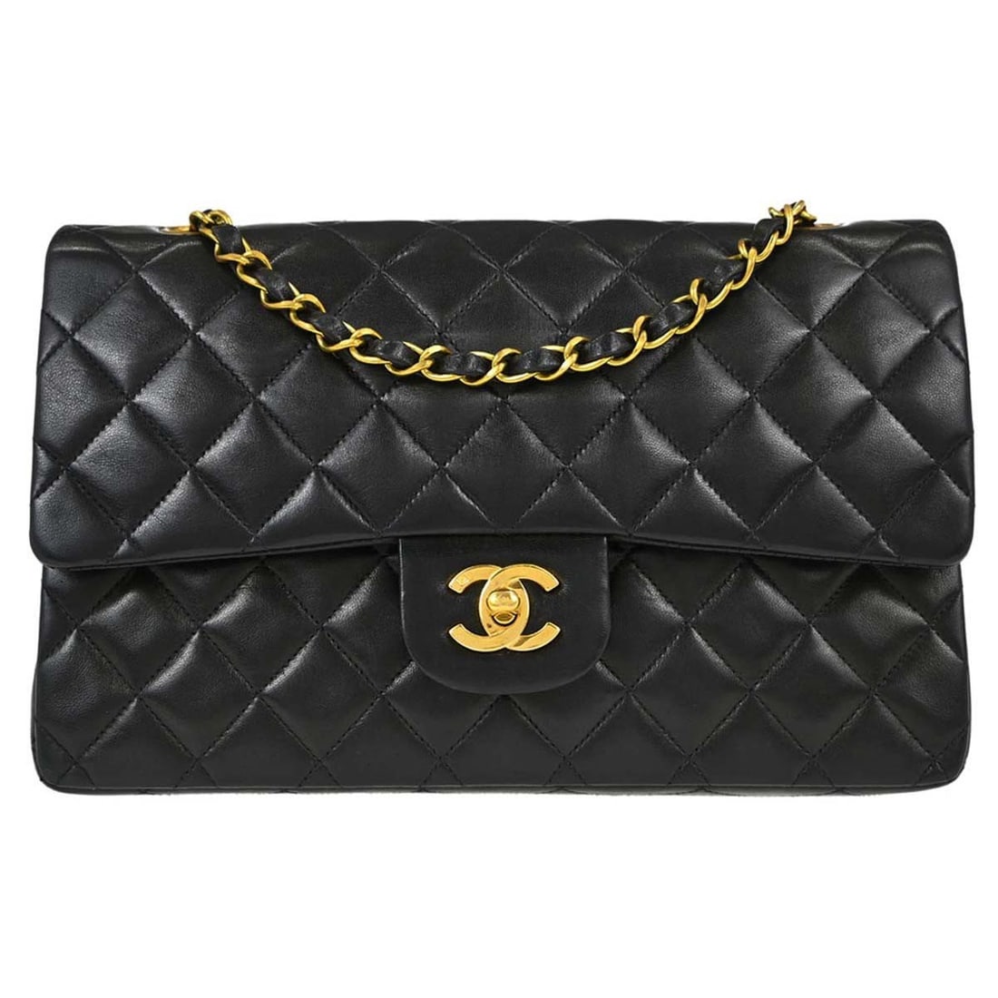 CHANEL Classic Double Flap Medium Shoulder Bag Black Lambskin: CHANEL Classic Double Flap Medium Shoulder Bag Black Lambskin Chanel Medium Classic Double Flap shoulder bag in black lambskin leather with a turn-lock closure and shoulder strap. This women's bag fea