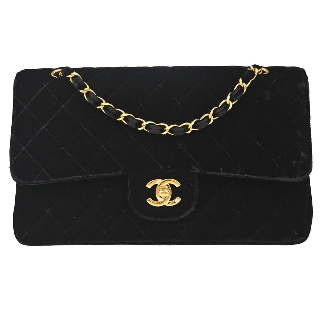 CHANEL Classic Double Flap Medium Velvet Shoulder Bag Black: CHANEL Classic Double Flap Medium Velvet Shoulder Bag Black Chanel Classic Double Flap medium shoulder bag in black matelasse velvet with a turnlock closure, leather lining, and logo accent. This shou