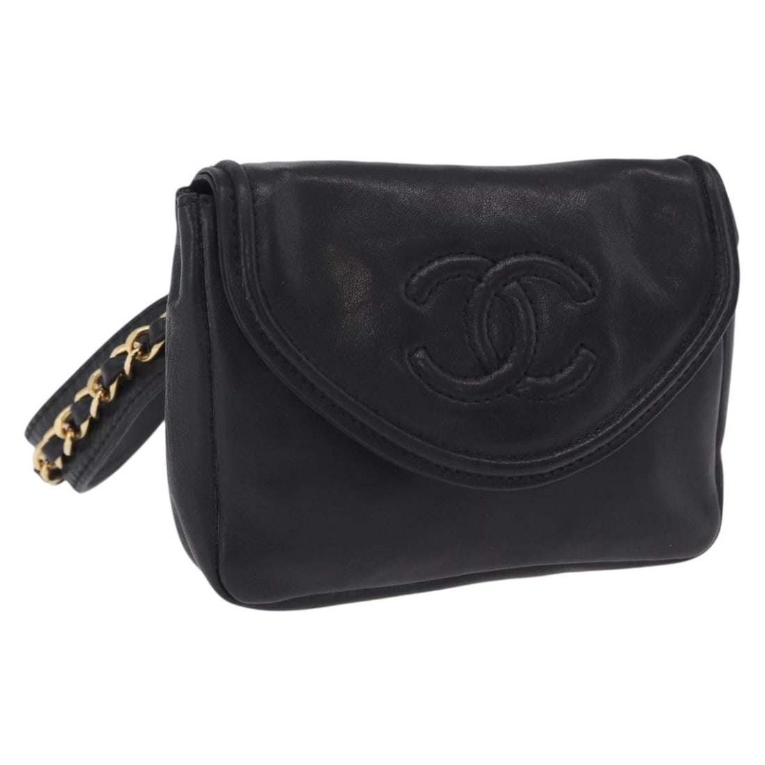 CHANEL Coco Mark Lamb Skin Waist Bag Black Gold: CHANEL Coco Mark Lamb Skin Waist Bag Black Gold Chanel Coco Mark chain waist bag in black lamb skin with gold-tone accents. Made in Italy, this women's bag shows heavy use with visible wear throughout