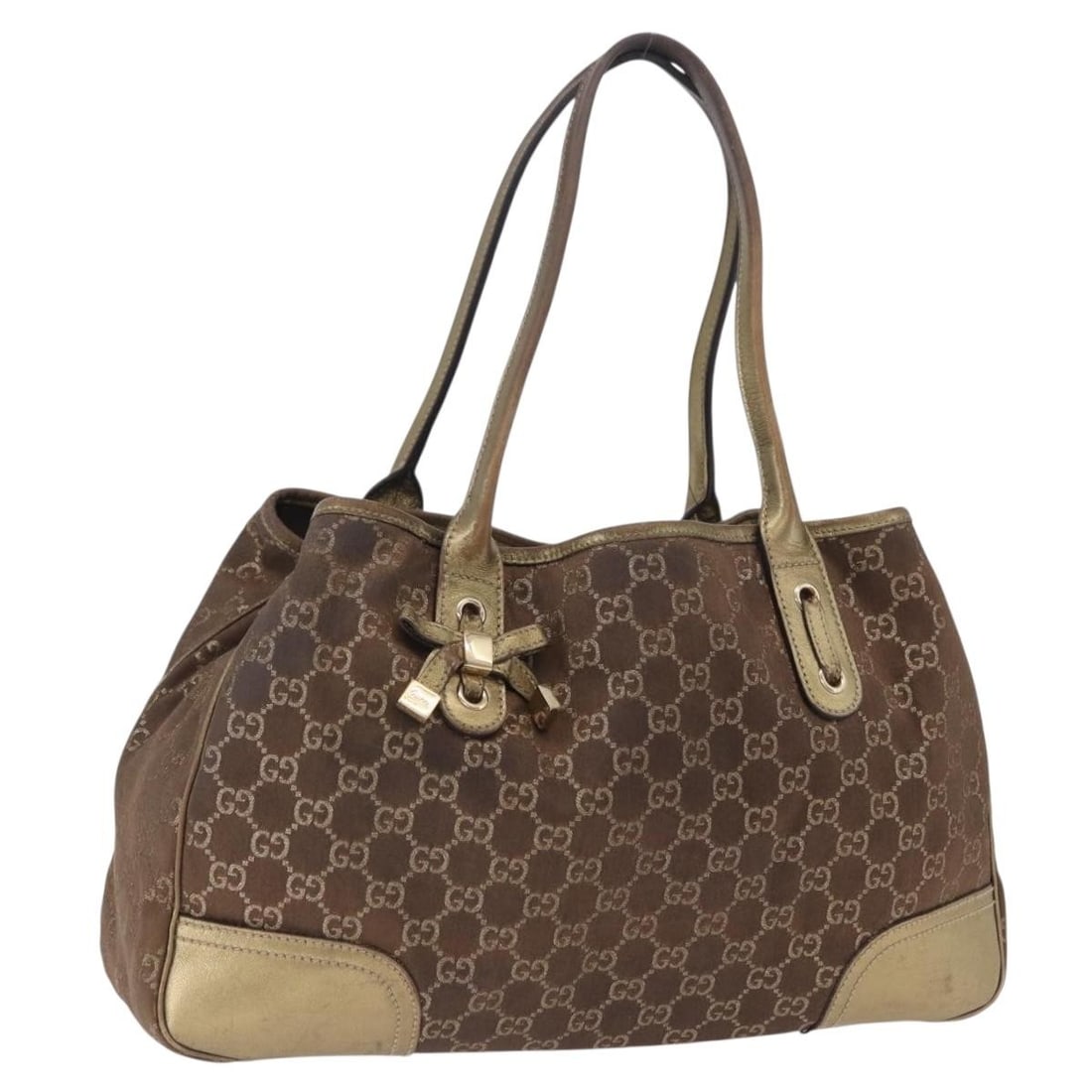 Gucci 163805 Princie GG Canvas Tote in Brown Gold: Gucci 163805 Princie GG Canvas Tote in Brown Gold Gucci Princie tote bag in brown and gold GG canvas, made in Italy. This women's tote is a heavily used authentic piece with visible wear throughout, i