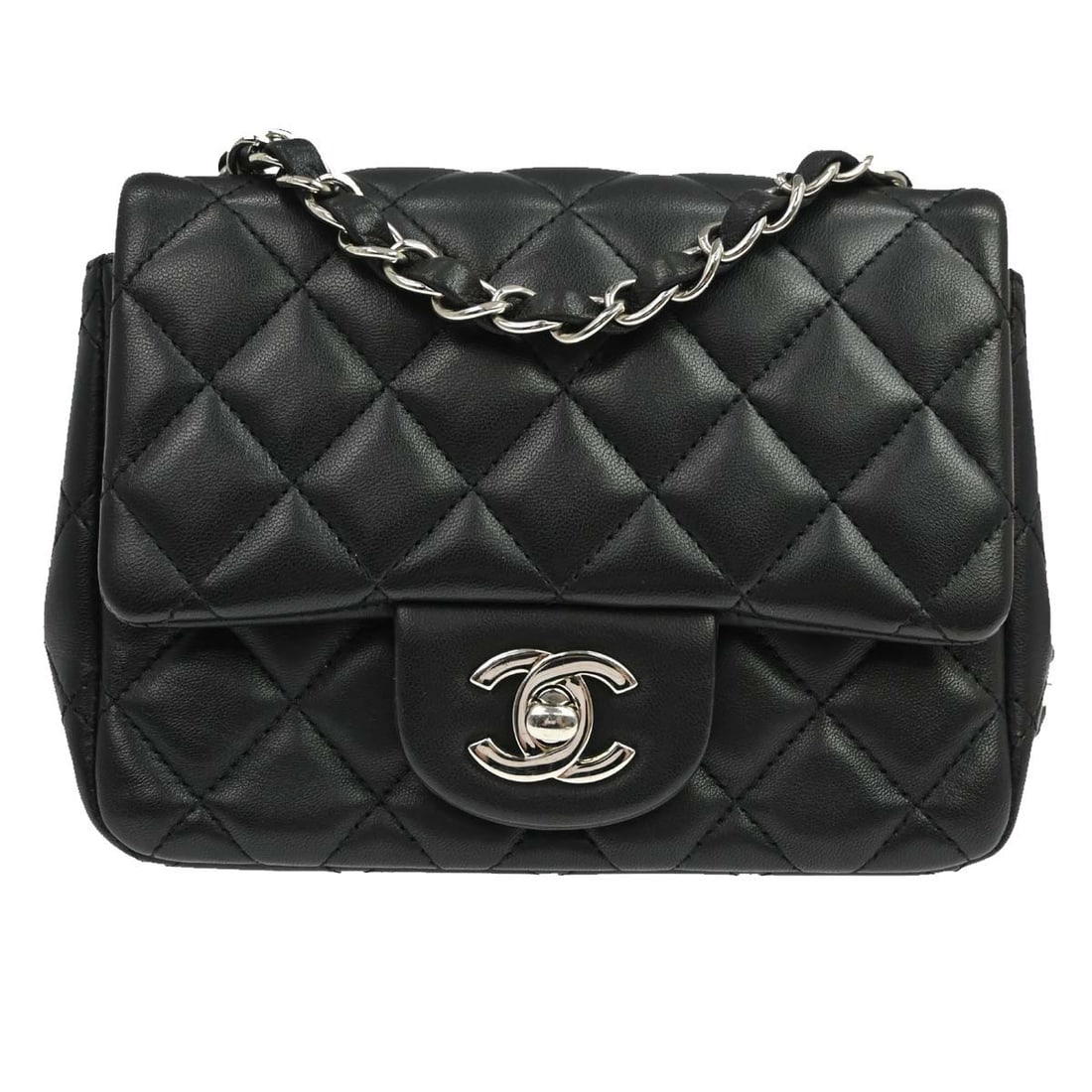 CHANEL Classic Flap Mini Square Lambskin Shoulder Bag Black: CHANEL Classic Flap Mini Square Lambskin Shoulder Bag Black Chanel Mini Classic Square Flap shoulder bag in black lambskin leather with a matelasse quilted finish. This small shoulder bag features a f
