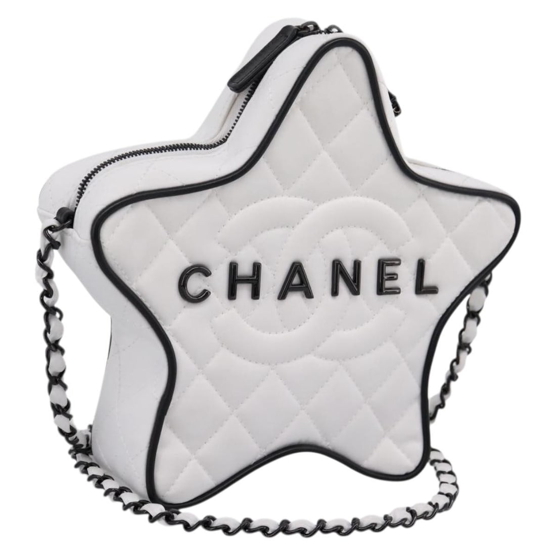 CHANEL Star Matelasse Satin Shoulder Bag White Black (1 of 18)