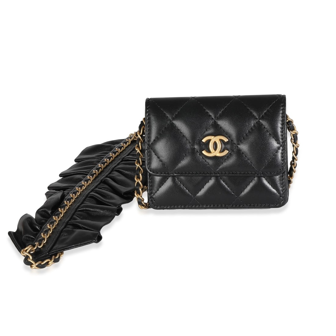 Chanel Card Holder On Chain Black Leather Shoulder Bag with Box: Chanel Card Holder On Chain Black Leather Shoulder Bag with Box Pre-owned Chanel Card Holder On Chain in black quilted lambskin with ruffled detailing. This compact shoulder bag features a snap closur