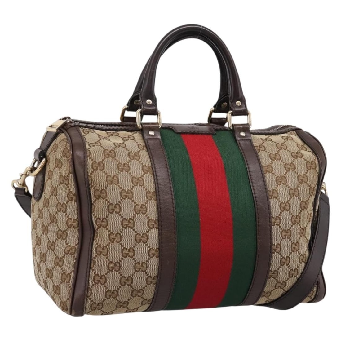 GUCCI 247205 2way Boston Bag GG Canvas Beige Gold Web Sherry Strap: GUCCI 247205 2way Boston Bag GG Canvas Beige Gold Web Sherry Strap Gucci GG Canvas Web Sherry Line 2-way Boston bag in beige and gold. This women's bag includes a shoulder strap and has been customize