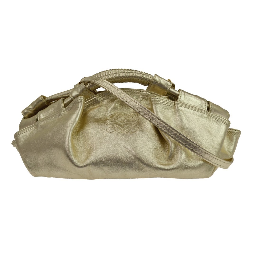 Loewe Nappa Aire gold leather shoulder bag with strap: Loewe Nappa Aire gold leather shoulder bag with strap Vintage Loewe Nappa Aire shoulder handbag in gold nappa leather with double leather handles and gold-color hardware. This medium bag features a zi