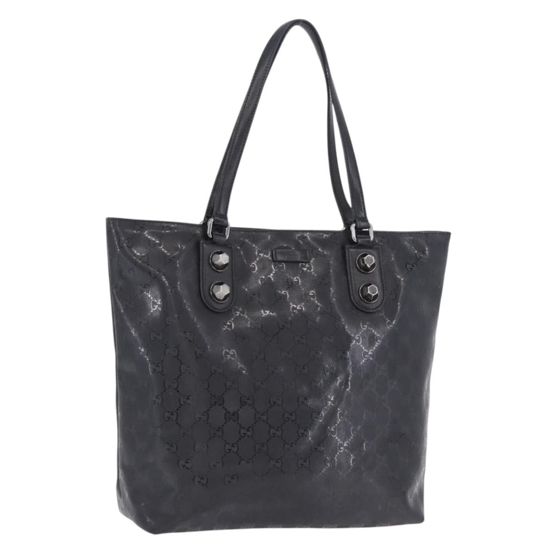 Gucci 229848 GG Canvas PVC Leather Tote in Black Silver: Gucci 229848 GG Canvas PVC Leather Tote in Black Silver Gucci tote bag in black and silver PVC leather with GG canvas. Made in Italy, this women's tote is offered as the bag only; the item box and dus