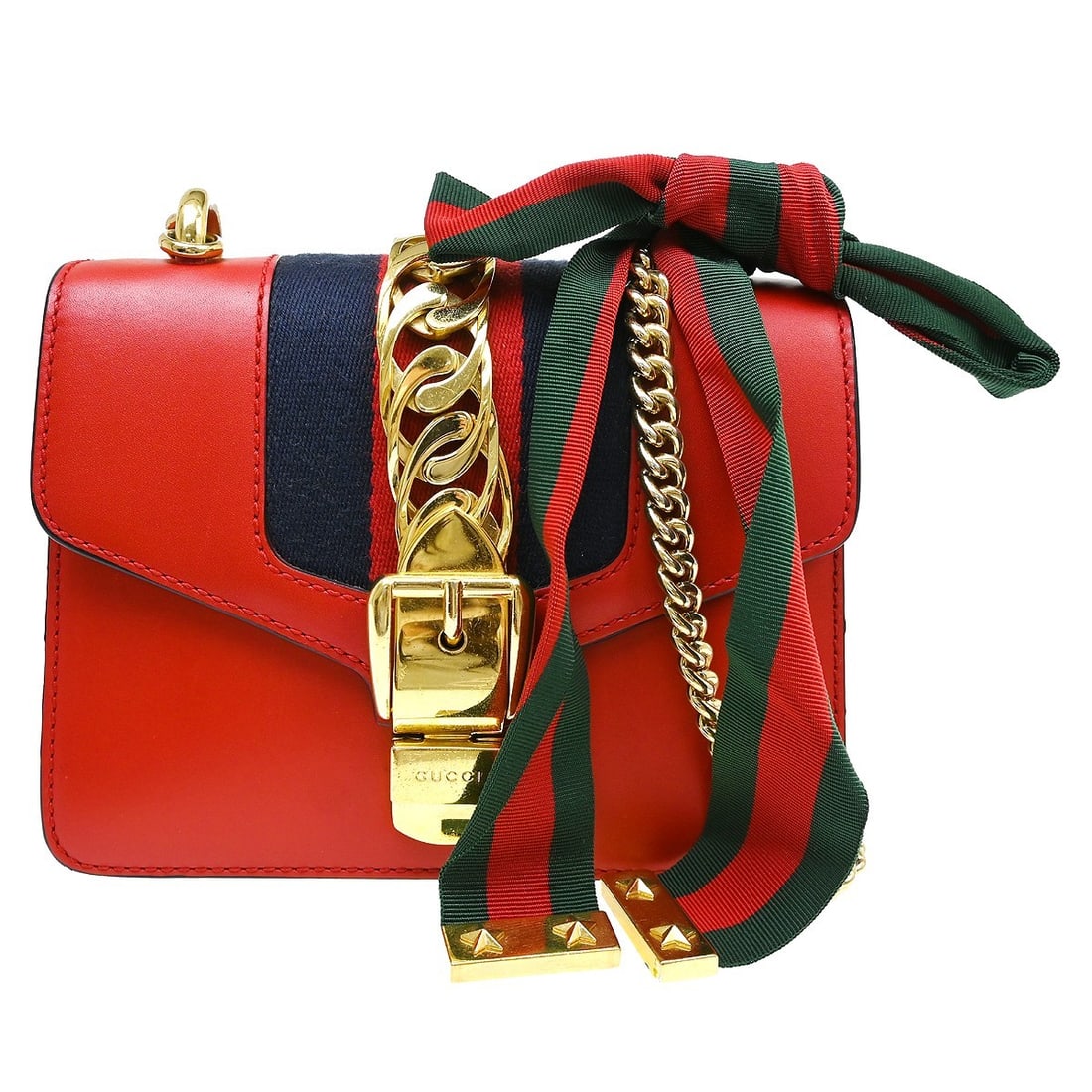 Gucci Sylvie Medium Leather Shoulder Bag Red with Bow: Gucci Sylvie Medium Leather Shoulder Bag Red with Bow Vintage Gucci Sylvie shoulder bag in red leather with blue accent detailing. This women's medium bag includes an interior pocket and comes with a 