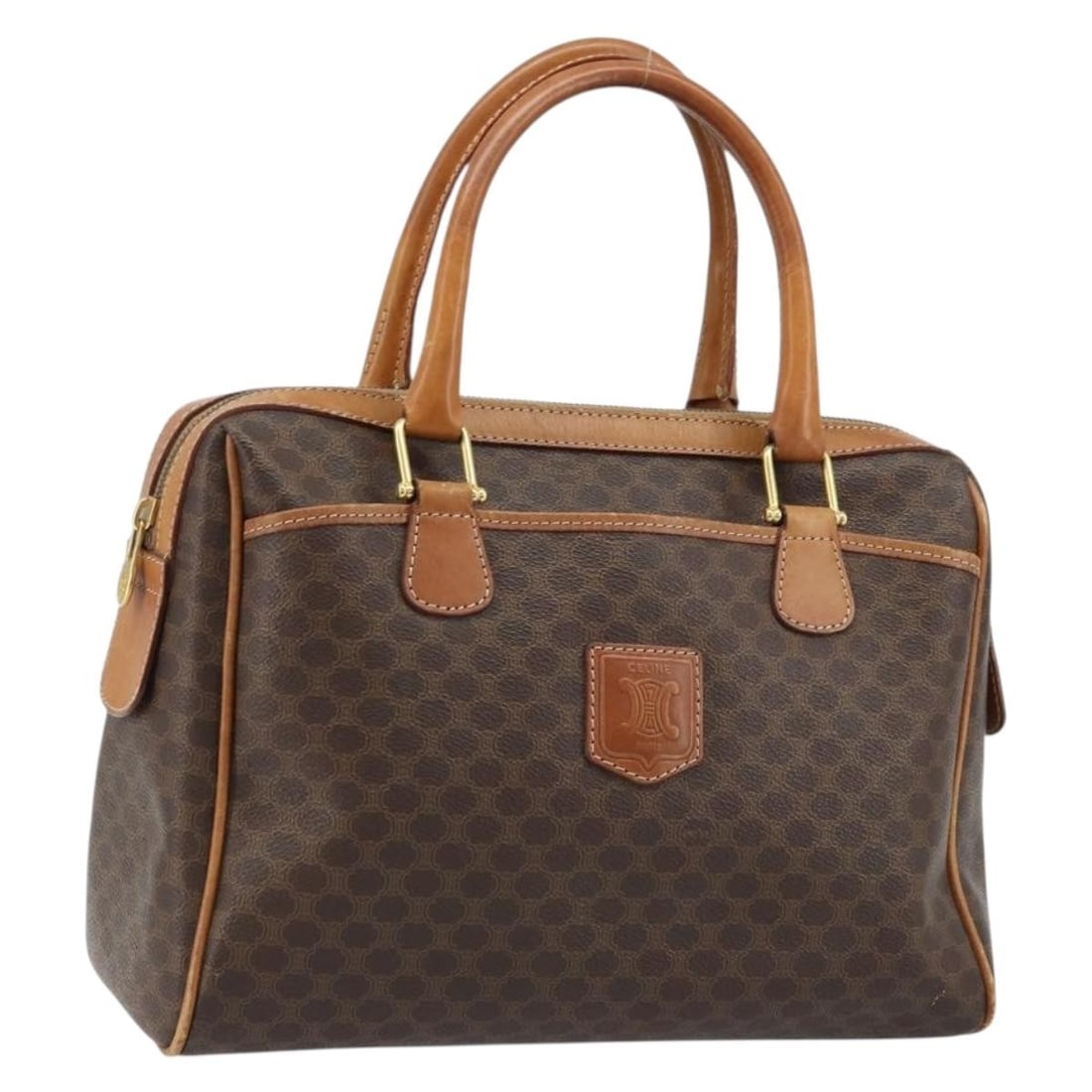 CELINE Macadam Canvas Brown Hand Bag PVC Leather Gold Tone: CELINE Macadam Canvas Brown Hand Bag PVC Leather Gold Tone Celine Macadam canvas hand bag in brown and gold with PVC leather trim. Made in Italy, this women's bag includes the item shown only; item bo