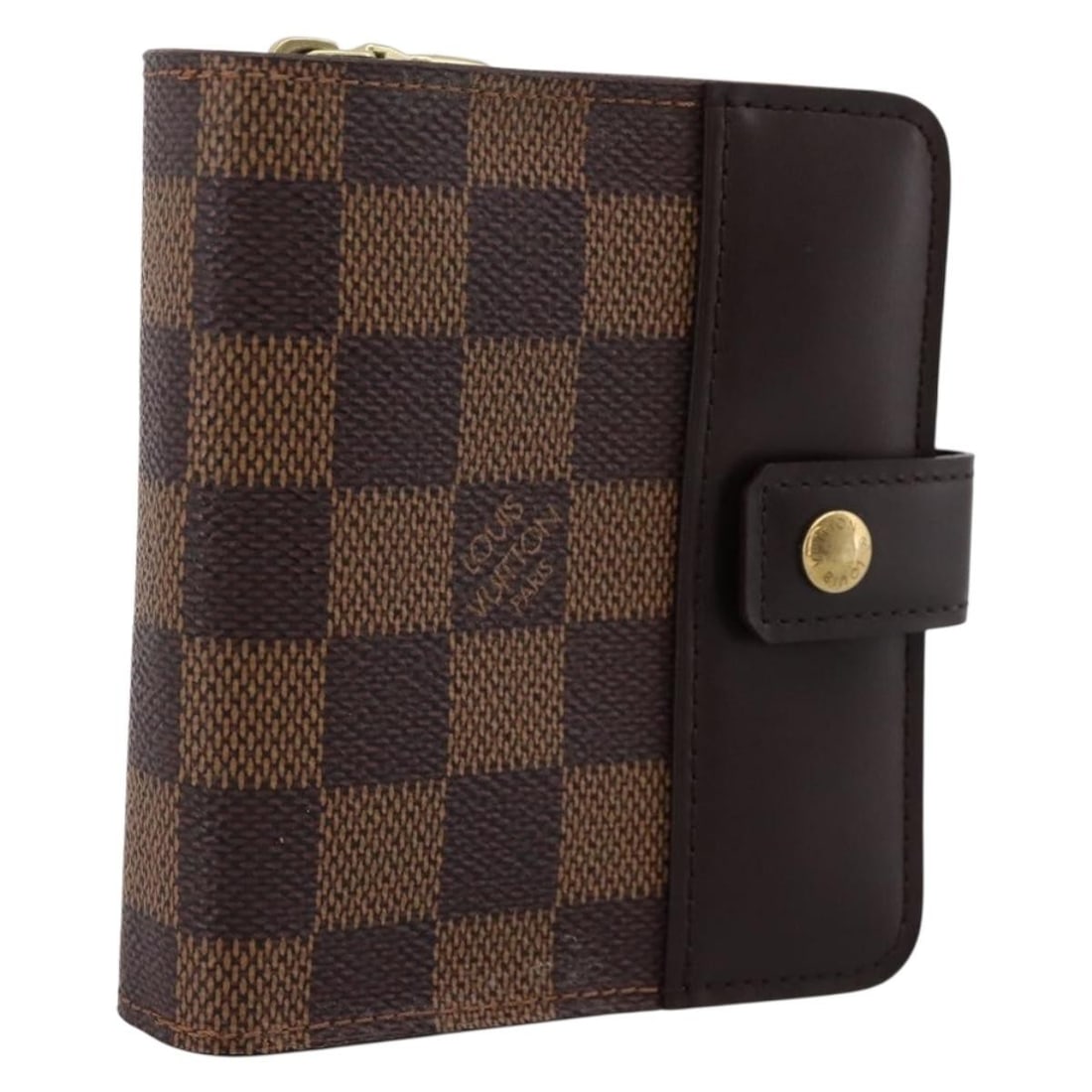 Louis Vuitton N61668 compact bifold wallet in Damier Ebene canvas: Louis Vuitton N61668 compact bifold wallet in Damier Ebene canvas Compact Louis Vuitton bifold wallet in Damier Ebene canvas with a zip-around design. Made in Spain, this women's wallet shows visible 