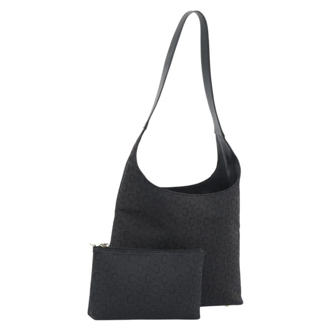 CELINE C Macadam Shoulder Bag in Black Canvas with Pouch: CELINE C Macadam Shoulder Bag in Black Canvas with Pouch Authentic CELINE shoulder bag in black and gold C Macadam canvas with an included pouch. Made in Italy, this women's bag shows heavy use with v