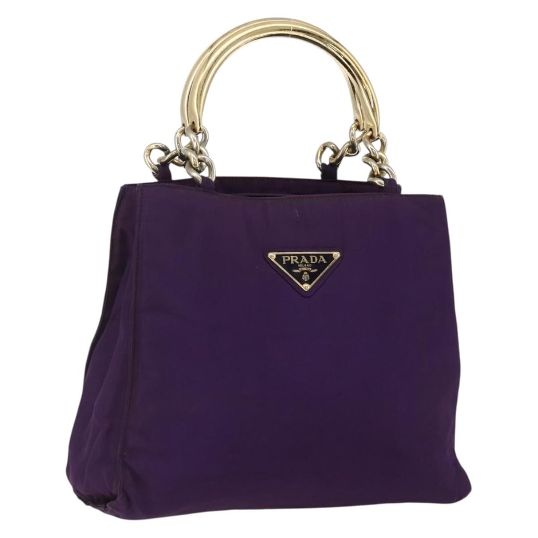 Prada Purple Nylon Handbag with Gold Accents for Women: Prada Purple Nylon Handbag with Gold Accents for Women This is a PRADA women's handbag crafted from durable purple nylon with gold-toned accents. Made in Italy, the bag features a spacious main compar