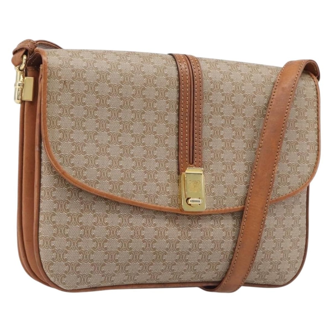 CELINE Macadam PVC Leather Shoulder Bag Beige Gold Italy: CELINE Macadam PVC Leather Shoulder Bag Beige Gold Italy Celine shoulder bag in Macadam canvas with PVC leather trim in beige and gold-tone coloring. Made in Italy, this women's bag includes an adjust