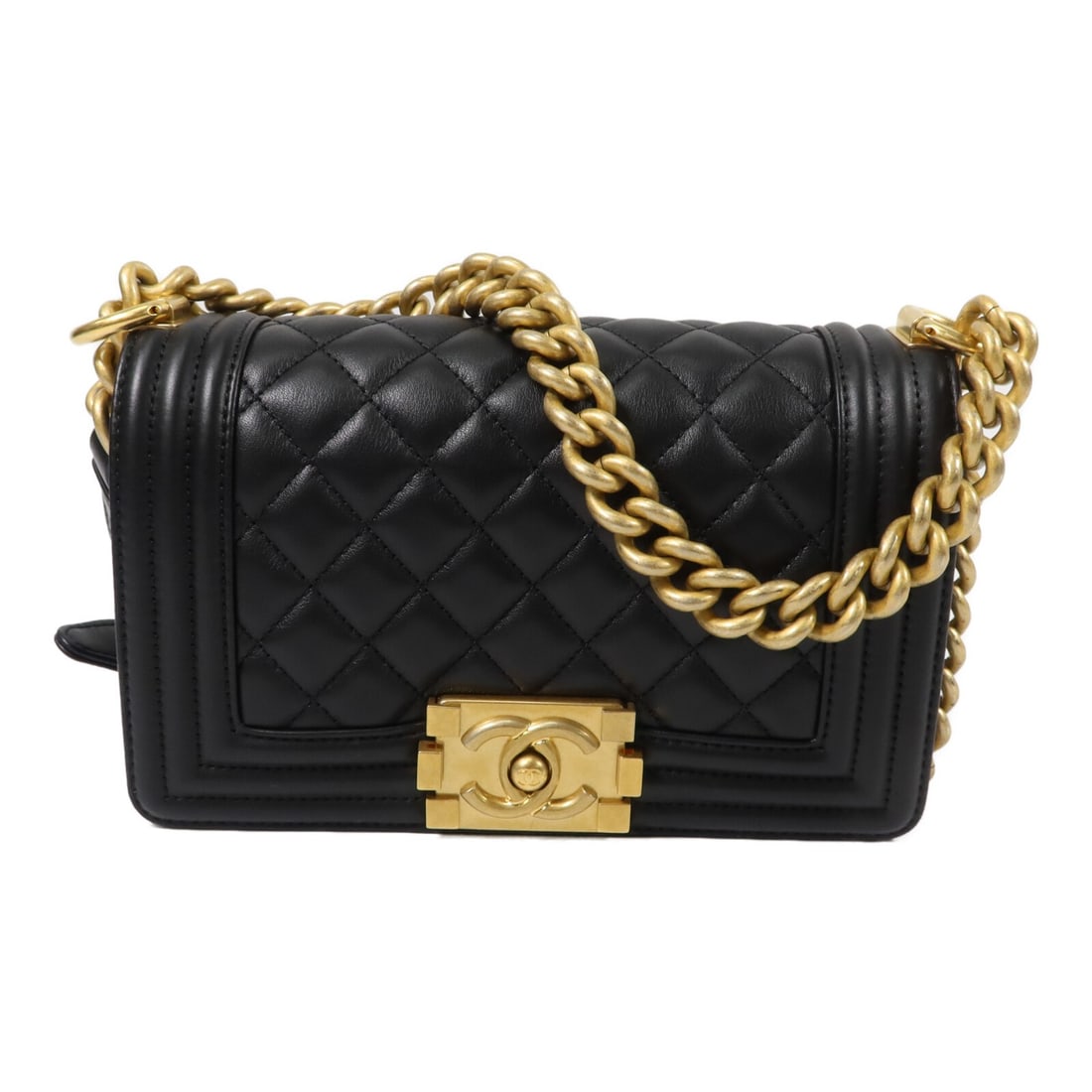 CHANEL A67085 Boy 20 Shoulder Bag Black Calfskin CC Chain: CHANEL A67085 Boy 20 Shoulder Bag Black Calfskin CC Chain Chanel CC Boy 20 chain shoulder bag in black calfskin leather. This women's shoulder bag features a compact structured silhouette with an inte