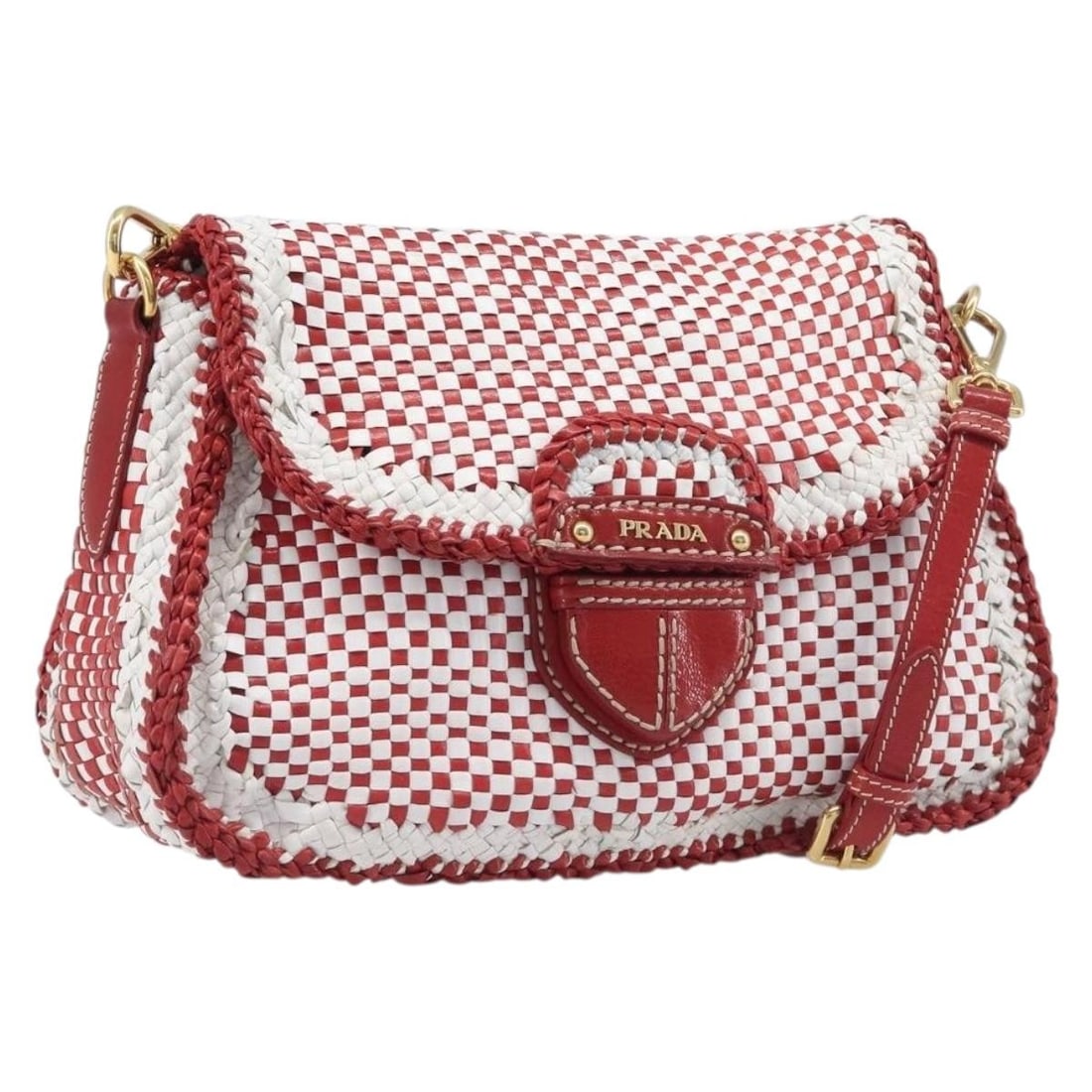 PRADA Leather Shoulder Bag White Red with Guarantee Card: PRADA Leather Shoulder Bag White Red with Guarantee Card Prada women's shoulder bag in white and red leather, made in Italy. Includes the guarantee card. This pre-owned bag shows heavy use, with surfa