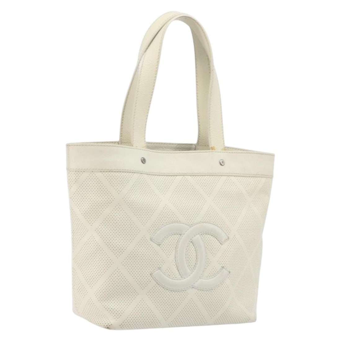 CHANEL White Silver Leather Tote Bag with Guarantee Card: CHANEL White Silver Leather Tote Bag with Guarantee Card Authentic CHANEL tote bag in white and silver leather, made in Italy. This women's bag includes the guarantee card and has a heavily used condi