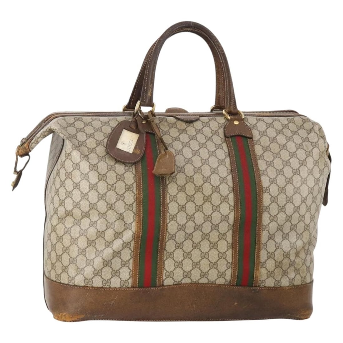 GUCCI Sherry Line GG Supreme PVC Leather Boston Bag Beige Gold: GUCCI Sherry Line GG Supreme PVC Leather Boston Bag Beige Gold Gucci GG Supreme Web Sherry Line Boston Bag in beige and gold, made in Italy. This women's bag is constructed from PVC leather and GG can