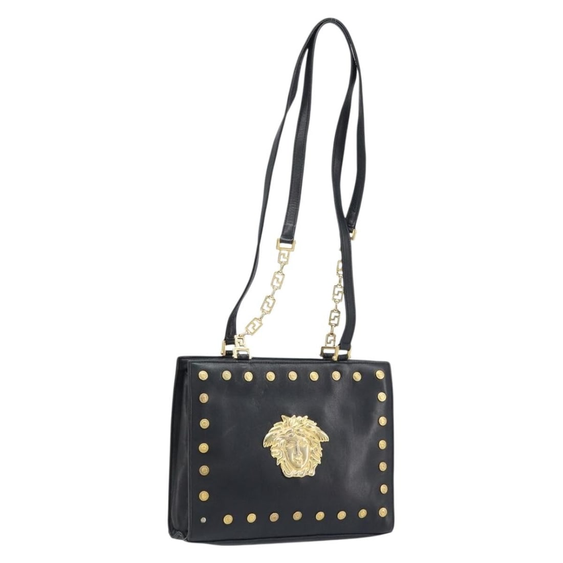 Gianni Versace Black Leather Womens Shoulder Bag Gold Tone: Gianni Versace Black Leather Womens Shoulder Bag Gold Tone Gianni Versace shoulder bag in black leather with gold-tone accents. Made in Italy, this women's bag has a classic shoulder silhouette and in