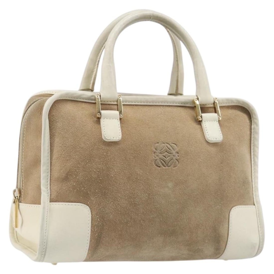 LOEWE Amazonas Suede Handbag Beige Gold Tone Spain: LOEWE Amazonas Suede Handbag Beige Gold Tone Spain A LOEWE Amazonas handbag in beige suede with gold tone accents, made in Spain. This women's handbag has a structured everyday silhouette and includes