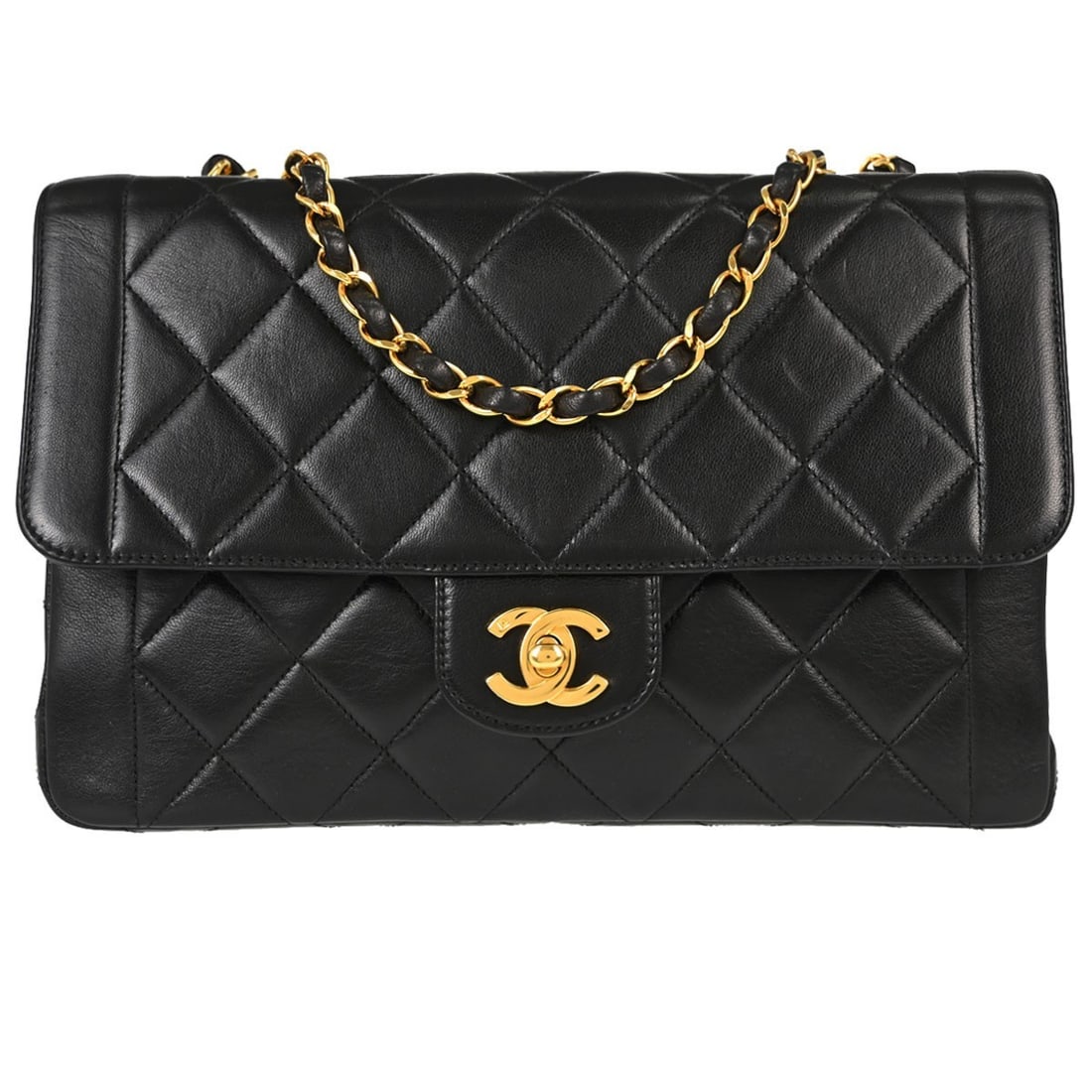 CHANEL Classic Flap Single Flap Shoulder Bag Black Lambskin: CHANEL Classic Flap Single Flap Shoulder Bag Black Lambskin Chanel Classic Flap shoulder bag in black lambskin leather with a turn lock closure and shoulder strap. This medium single flap style is mad