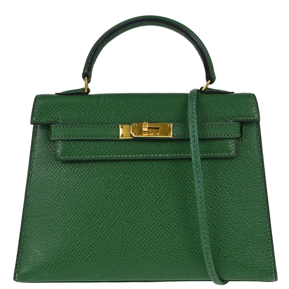 HERMES Mini Kelly 15 Green Courchevel 2way Top Handle Bag: HERMES Mini Kelly 15 Green Courchevel 2way Top Handle Bag Hermes Mini Kelly 15 2-way Sellier handbag in green Courchevel leather with a coated finish. This small top-handle bag features a turn-lock fl