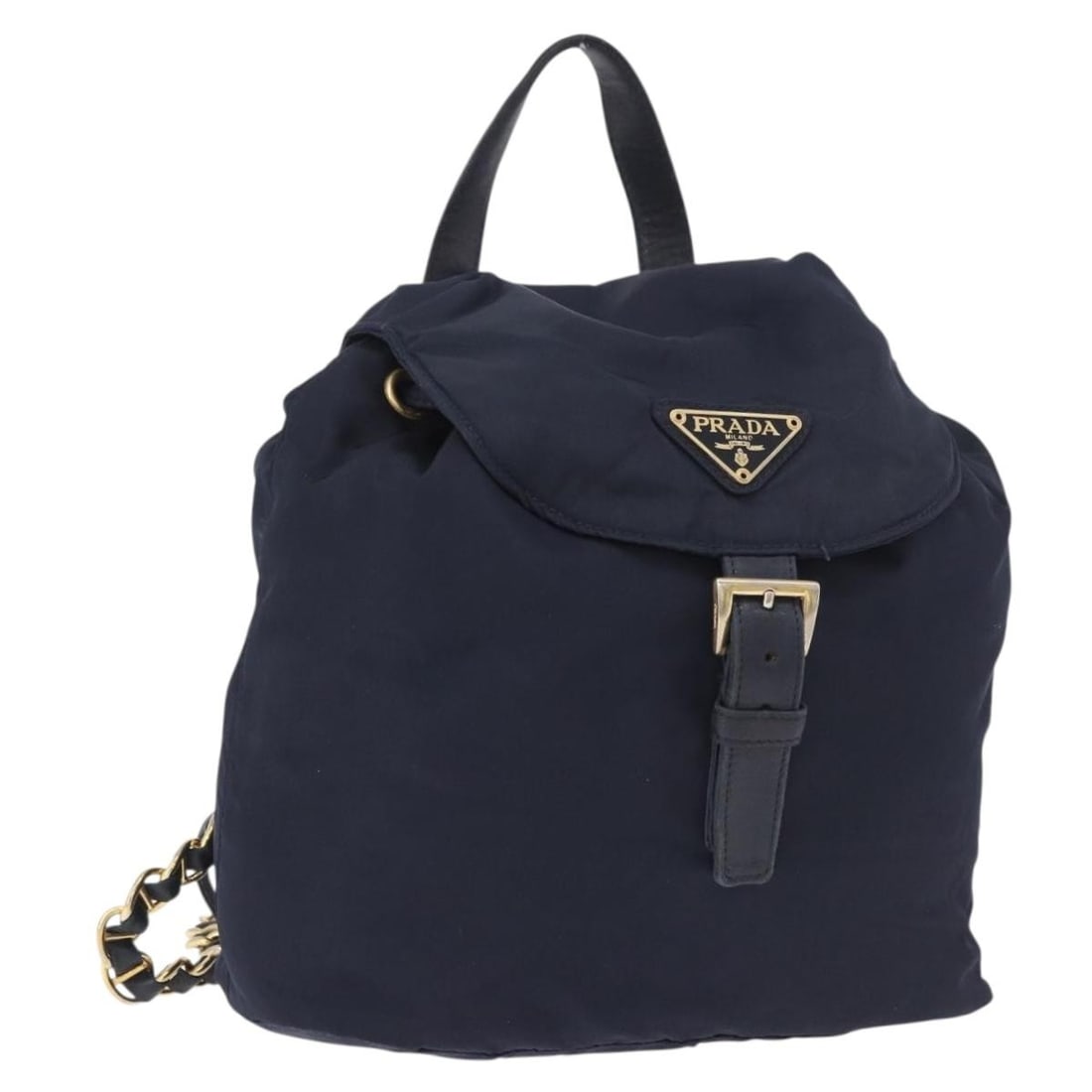 PRADA Nylon Backpack Navy Gold Tone Made in Italy: PRADA Nylon Backpack Navy Gold Tone Made in Italy Authentic Prada women's nylon backpack in navy with gold-tone accents, made in Italy. This backpack is offered without the original box or dust bag an