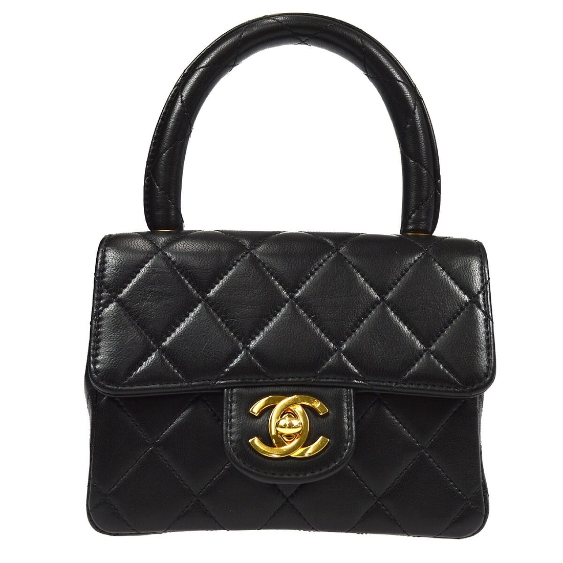 CHANEL Mini Square Black Lambskin Quilted Top Handle Bag: CHANEL Mini Square Black Lambskin Quilted Top Handle Bag Black lambskin leather mini square handbag with a matelasse quilted exterior and flap turn-lock closure. This women's top-handle bag features l
