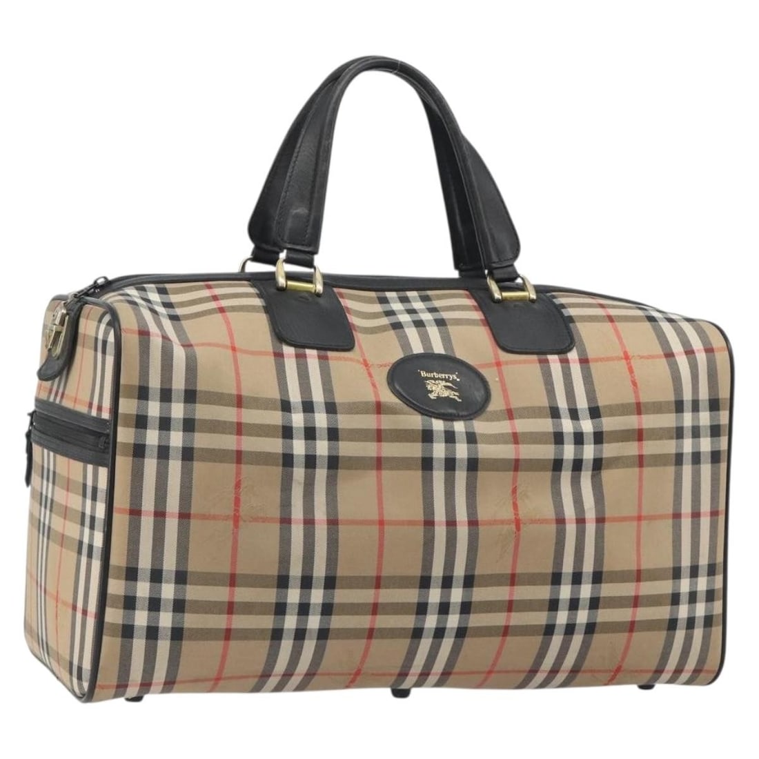 Burberrys Nova Check canvas Boston bag beige gold tone: Burberrys Nova Check canvas Boston bag beige gold tone Authentic Burberrys Boston bag in beige nova check canvas with gold-tone accents. This women's handbag is made in Italy and shows heavy use consi